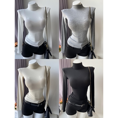 半高领长袖天丝修身收腰长袖打底衫女秋辣妹紧身T恤上衣大衣内搭