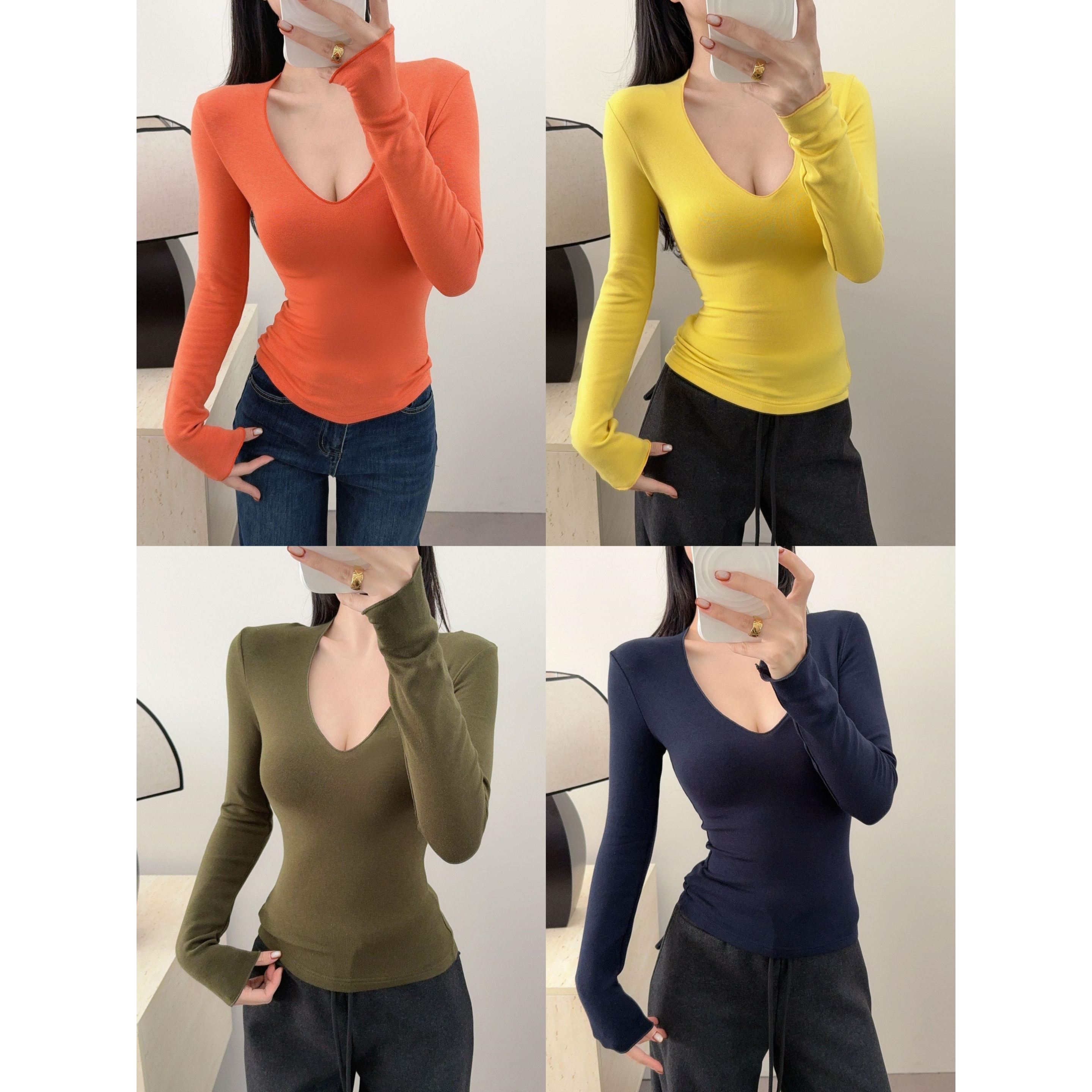 纯欲U领圆领加绒修身长袖T恤女保暖收腰性感弹力内搭打底衫秋冬女