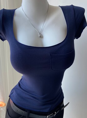 纯欲天花板~大领口U领低胸收腰弹力短袖T恤女性感木耳边口袋上衣