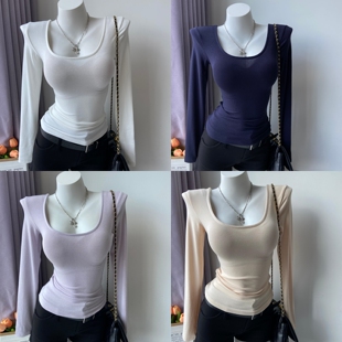 芭蕾风U领性感紧身弹力长袖T恤女大领口低胸显瘦上衣内搭打底衫女