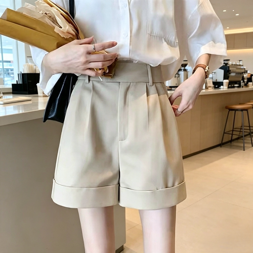 2026夏工装风翻边西装短裤女高腰宽松显瘦垂感阔腿休闲五分裤子