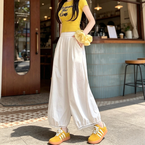 薄款透气九分花苞灯笼裤女夏镂空蕾丝花边设计宽松垂感休闲阔腿裤