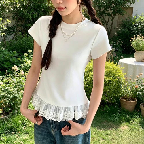 大码法式蕾丝花边 T 恤 夏季胖 mm 遮肚显瘦正肩短袖上衣