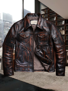 炸街酷版门多萨擦色马皮皮衣男士翻领男装古棕色街头机车皮夹克