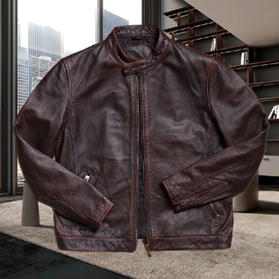 简约风男士头层牛皮立领休闲皮夹古做旧真皮皮衣男装短款秋冬外套