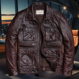 新款M65多口袋猎装头层牛皮水洗石磨复古做旧真皮皮衣男士皮夹克