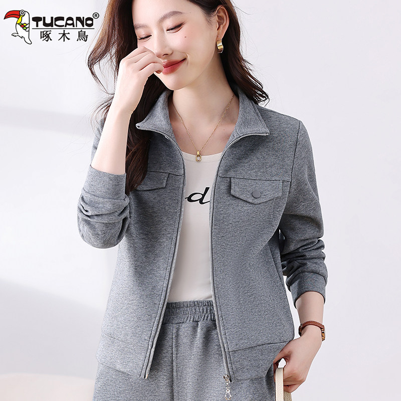 啄木鸟2026春秋新款减龄洋气时尚休闲运动翻领外套女士卫衣两件套