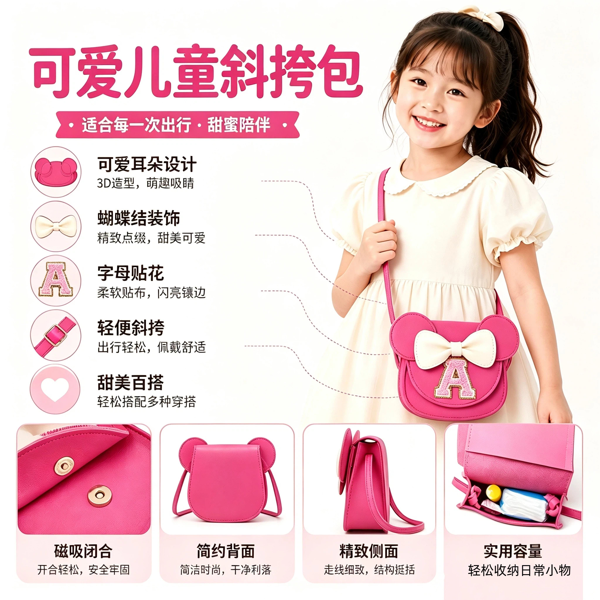 网红女童字母蝴蝶结斜挎小包