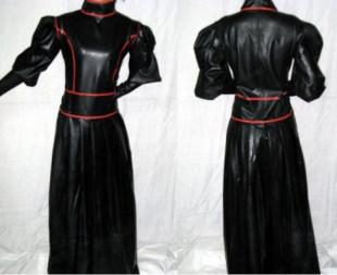 免邮 黑色手工订做 纯天然乳胶衣女长裙超长大摆连衣裙泡泡袖 Latex