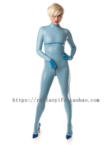 Latex catsuit纯天然乳胶衣连体衣包身衣紧身衣天蓝定做定制包邮