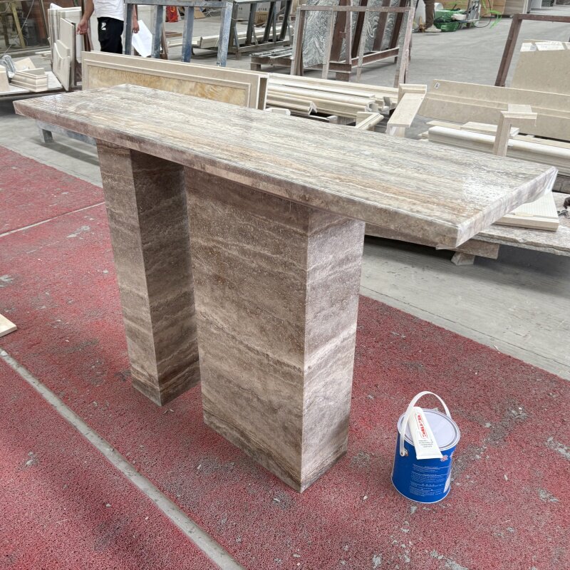 天然银灰洞石中古侘寂风大理石入户正对门玄关桌复古案端景台轻奢