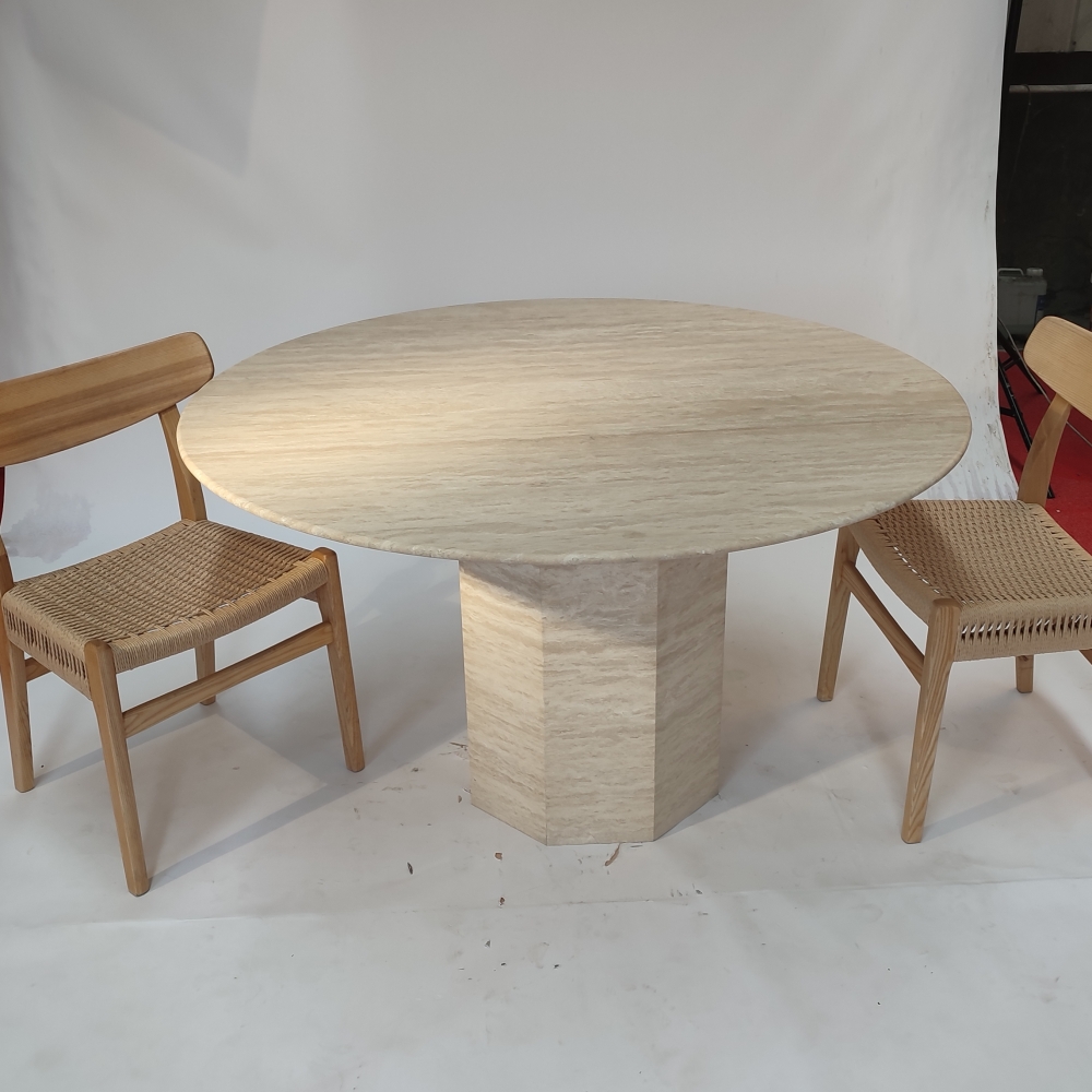 现代侘寂风天然洞石茶几小户型设计师客厅简约圆形大理石奢石餐桌