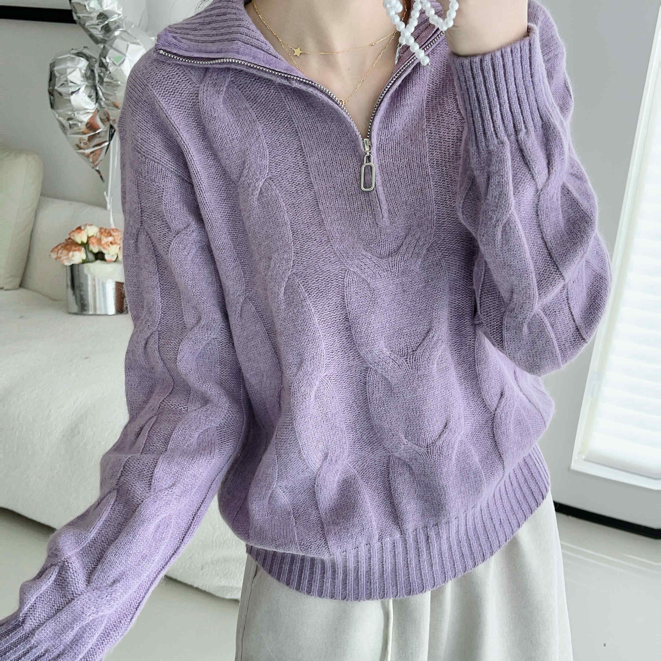 羊毛软糯浣熊绒狡花工艺拉链领文艺风时髦针织衫毛衣