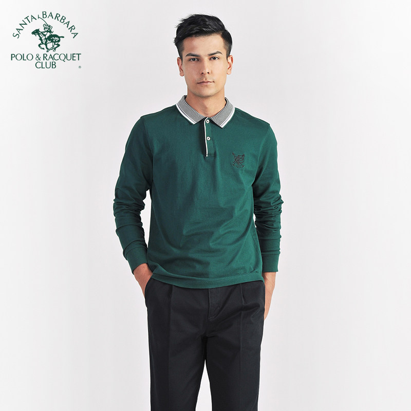 圣大保罗高端男装春秋季厚款POLO衫纯棉翻领长袖男士修身T恤衫