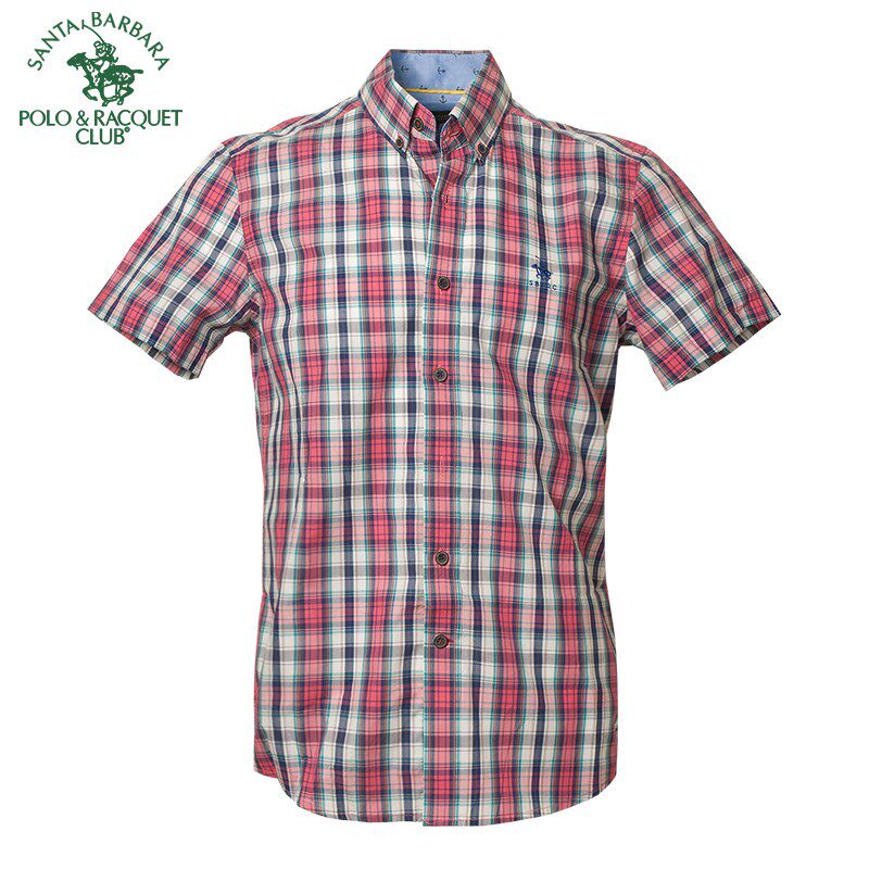 圣大保罗男装商务休闲全棉格子短袖衬衫修身版纯棉衬衣半袖上衣