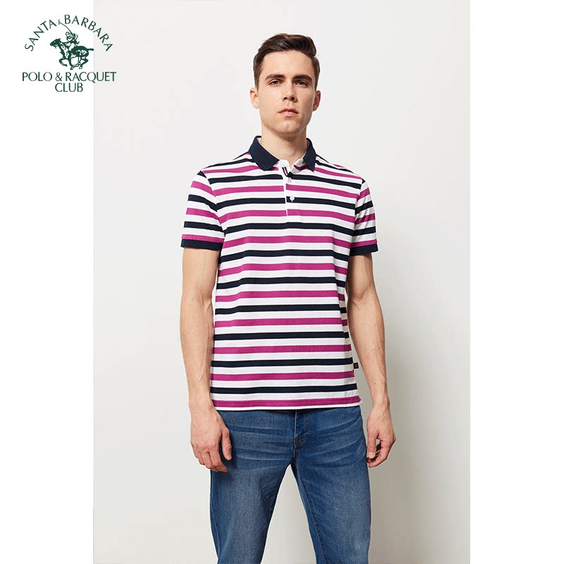 圣大保罗男士夏装纯棉条纹舒适短袖t恤男款半袖翻领polo衫