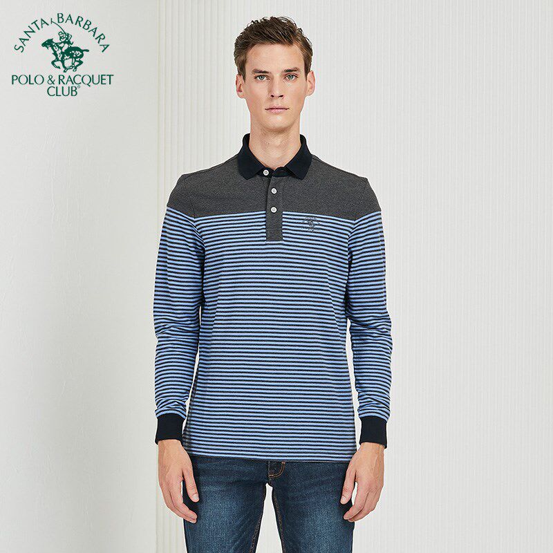 圣大保罗秋冬男款男士休闲修身横条纹翻领长袖T恤POLO衫