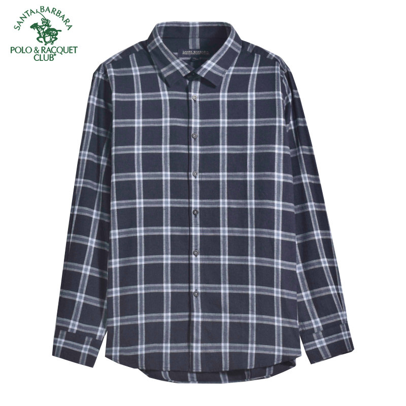 圣大保罗男装秋冬款纯棉衬衣休闲格子合身全棉长袖磨毛厚衬衫上衣