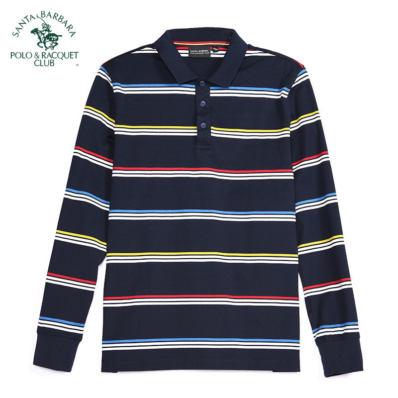 圣大保罗舒适纯棉polo领横间长袖丝t修身版男式t恤春季