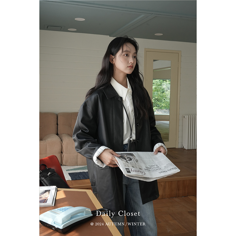 DAILY CLOSET加棉加厚长款翻领PU皮夹克气质宽松抗风皮衣女