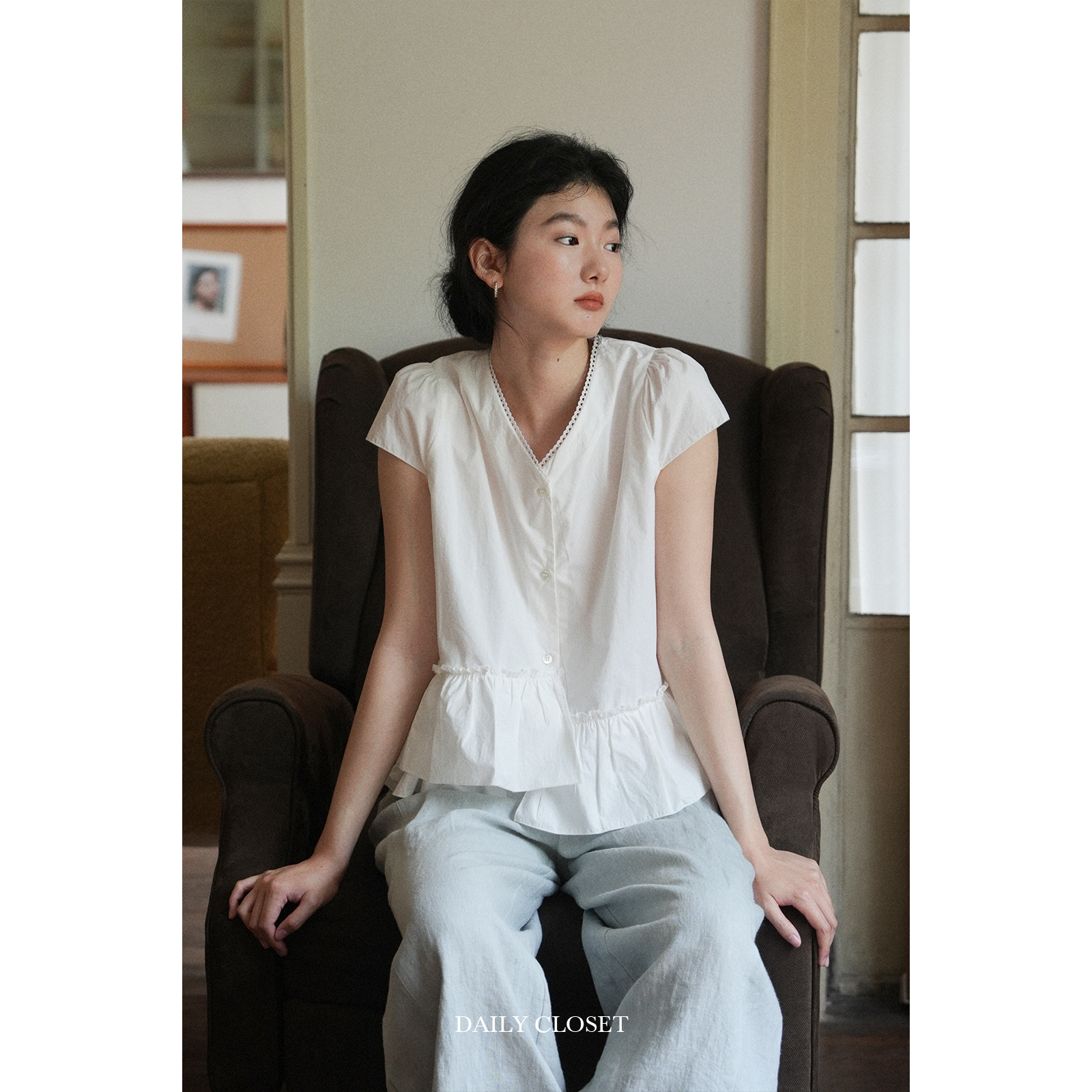 法式白色V领短袖衬衫小衫