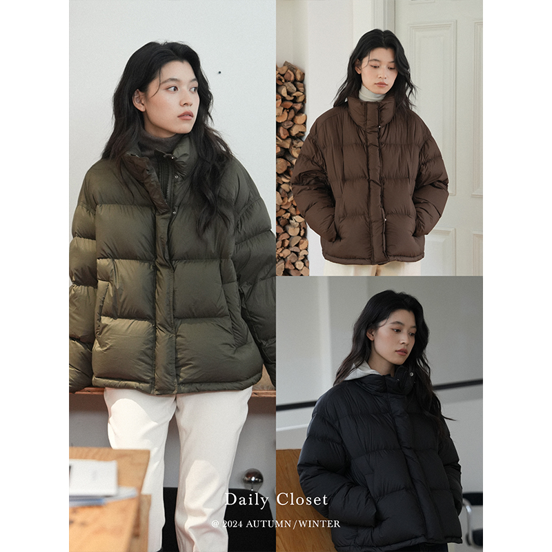 DAILY CLOSET时尚百搭立领短款羽绒服三防宽松舒适保暖白鸭绒外套