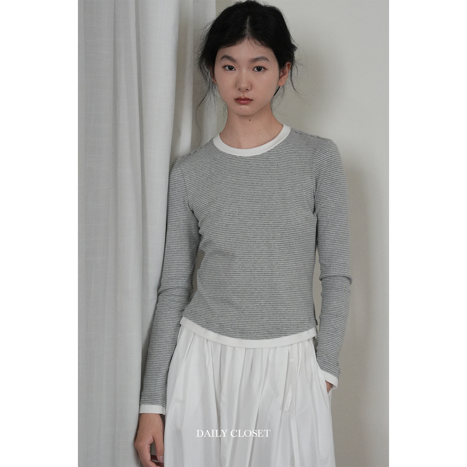 dailycloset 条纹女孩 假两件圆领长袖t女秋冬内搭收腰显瘦外穿T