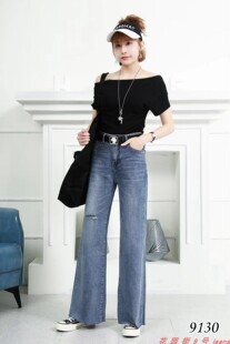 2020春夏款城中鸟9130蓝色显瘦破洞毛边拖地裤宽松阔腿裤女牛仔裤