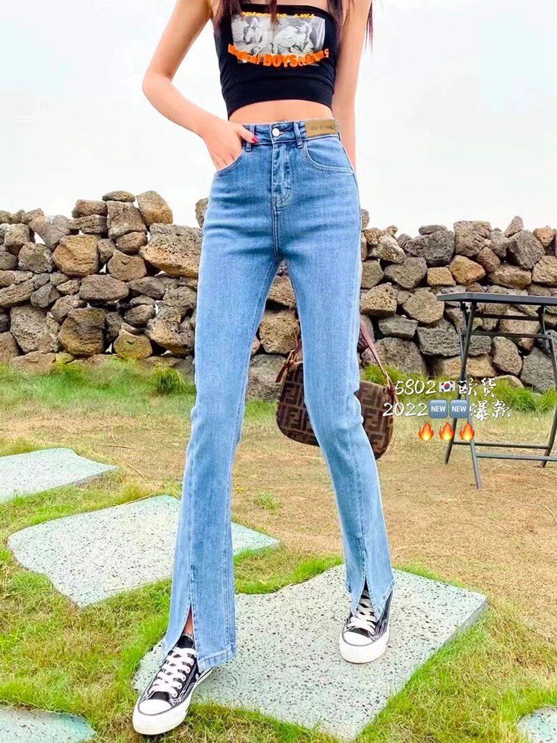 2022春夏新款酷希莱5802浅蓝色裤脚开叉显瘦喇叭裤弹力女牛仔裤潮