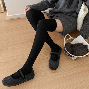 秋冬季 防寒暖绒过膝袜配靴子叠穿高帮堆堆袜显瘦黑灰色外穿大腿袜