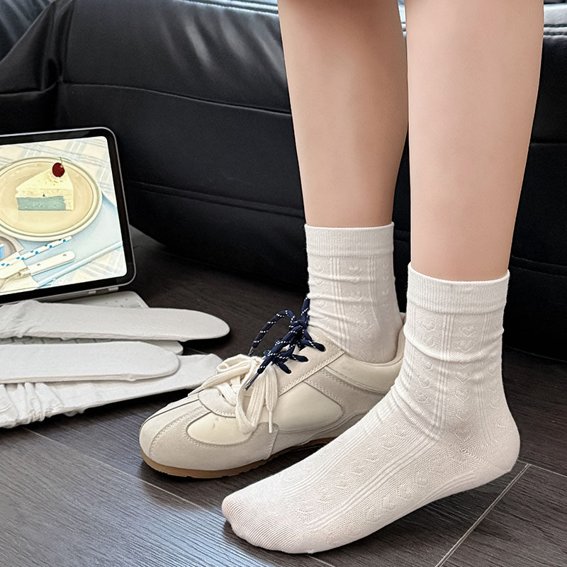 韩版竖纹麻花学院风中筒袜甜美花边袜子温柔纯白色镂空薄款堆堆袜
