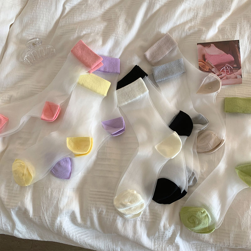 韩版可爱彩色拼接少女风透明水晶袜夏季透明玻璃卡丝袜百搭中筒袜