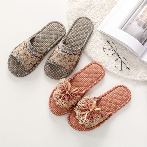 欧美风室内地板静音棉麻布底拖鞋