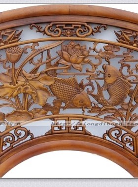 东阳木雕画挂件镂空扇形香樟木雕刻墙饰壁挂扇形连年有余118X58cm