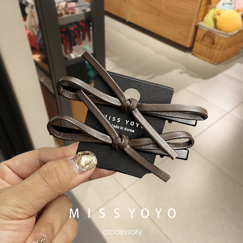 皮质蝴蝶结发夹女简约黑色甜酷侧边刘海前额发卡高颅顶碎发鸭嘴夹