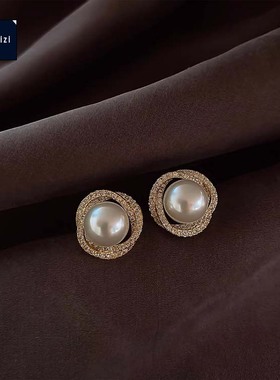 Rusizi螺旋珍珠耳钉双c法式海水珍珠18k金2024新款轻奢高级感耳环