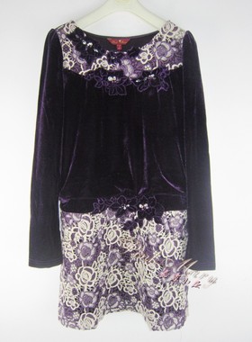 pink mary粉红玛琍/粉红玛丽 春夏季绣花钉钻平绒长袖连衣裙 标齐