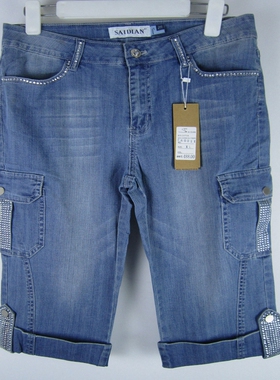 专柜正品saidian/赛典 春夏季修身薄款钉珠五分牛仔裤女中裤 标齐