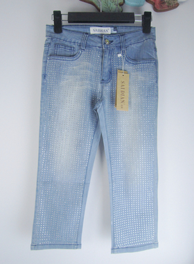 专柜正品 saidian/赛典 夏季烫钻修身中腰薄款七分牛仔裤女 标齐