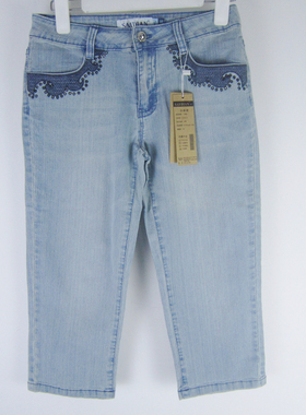 专柜正品 saidian/赛典 春夏薄款棉烫钻绣花七分牛仔裤女 标齐M