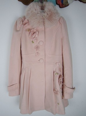 粉红玛琍狐狸毛中长羊毛大衣标齐