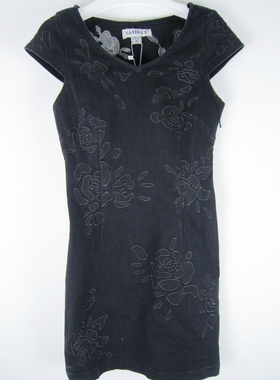 专柜正品 saidian/赛典 春秋绣花短袖圆领牛仔连衣裙包臀裙 标齐L