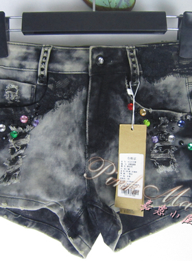 专柜正品 saidian/赛典 夏中腰绣花钉钻破洞牛仔短裤女热裤标齐XL