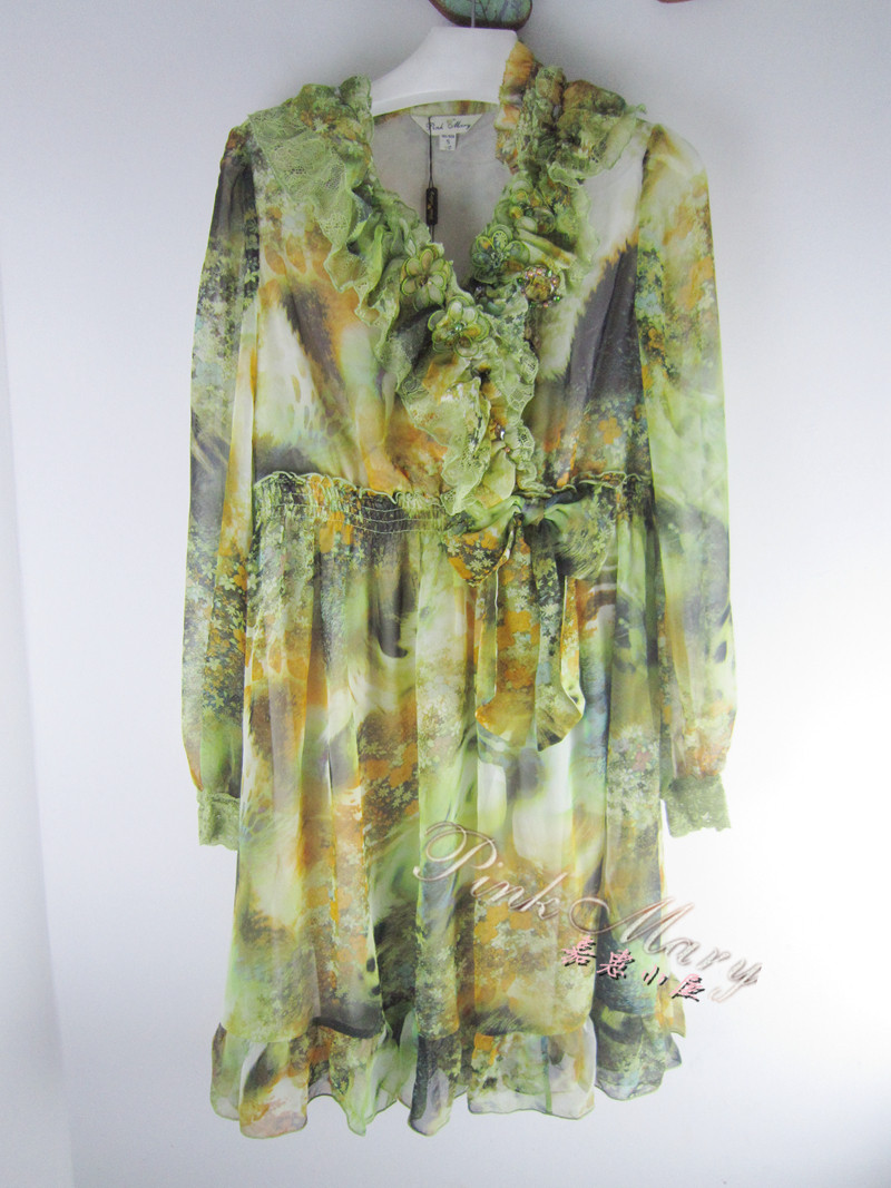 pink mary 粉红玛丽/粉红玛琍 春秋季绣花钉珠雪纺连衣裙女 标齐