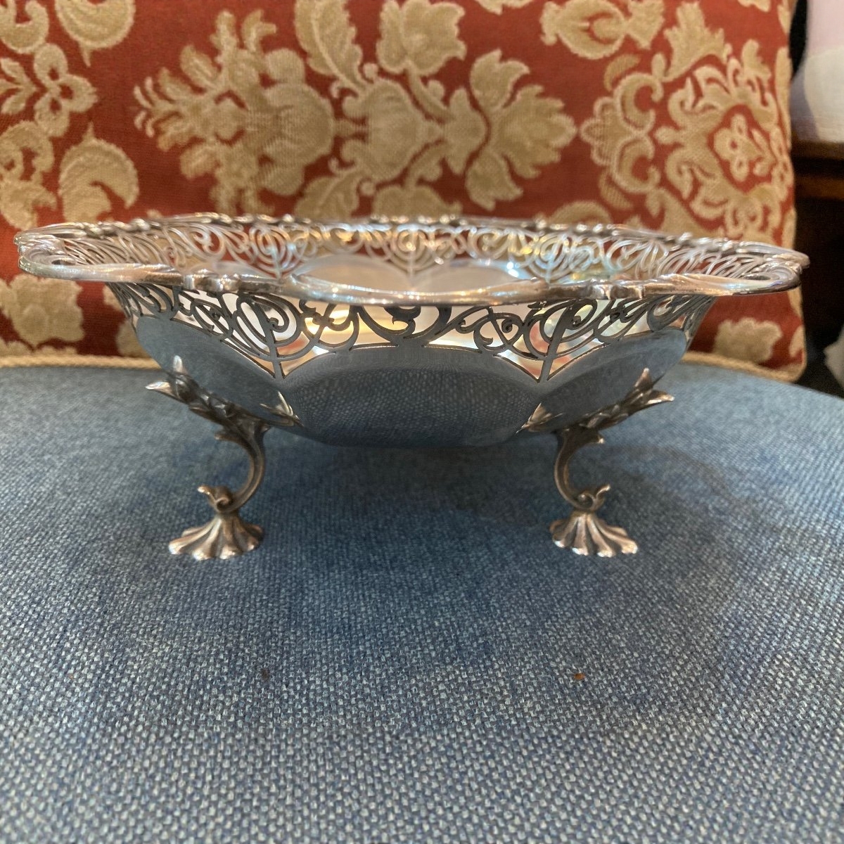 英国古董银器925纯银镂空雕果碗桌面摆件