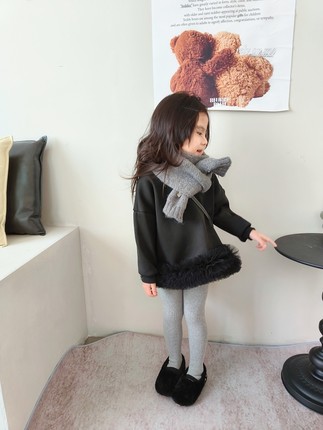 韩版儿童纯色加绒卫衣2023秋冬季新款女童拼接纱裙摆甜美时髦上衣
