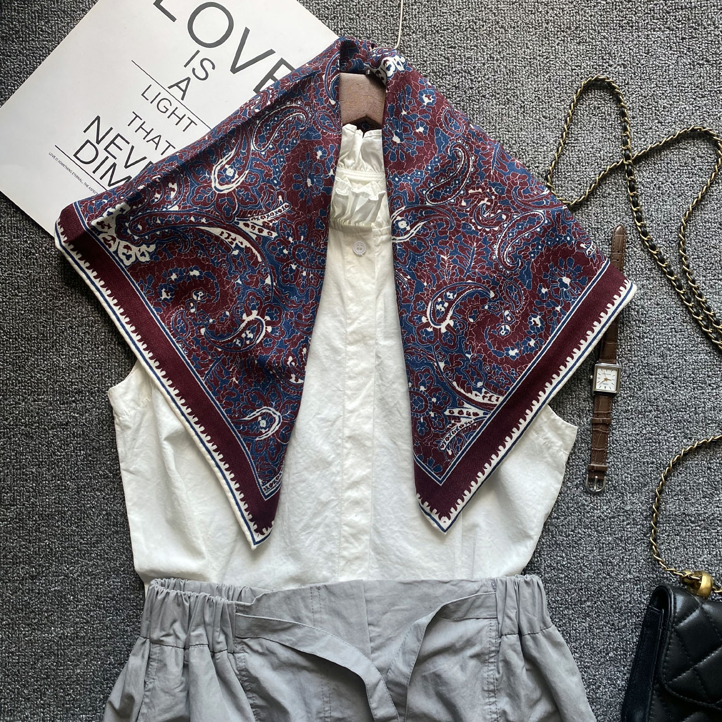 双面异色复古民族风腰果花桑蚕丝羊毛外搭中方巾手工卷边丝毛围巾