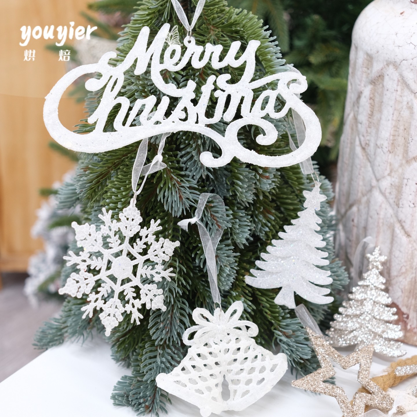 【youyier】圣诞节装饰亮粉雪花星星小鹿铃铛圣诞树氛围吊饰挂件