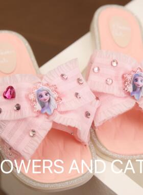 春夏四季粉色爱莎公主蝴蝶结宝宝拖鞋儿童凉拖鞋女童室内防滑软底