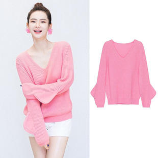 欧洲站秋季新款戚薇明星同款毛衣女粉色慵懒风宽松套头针织衫上衣